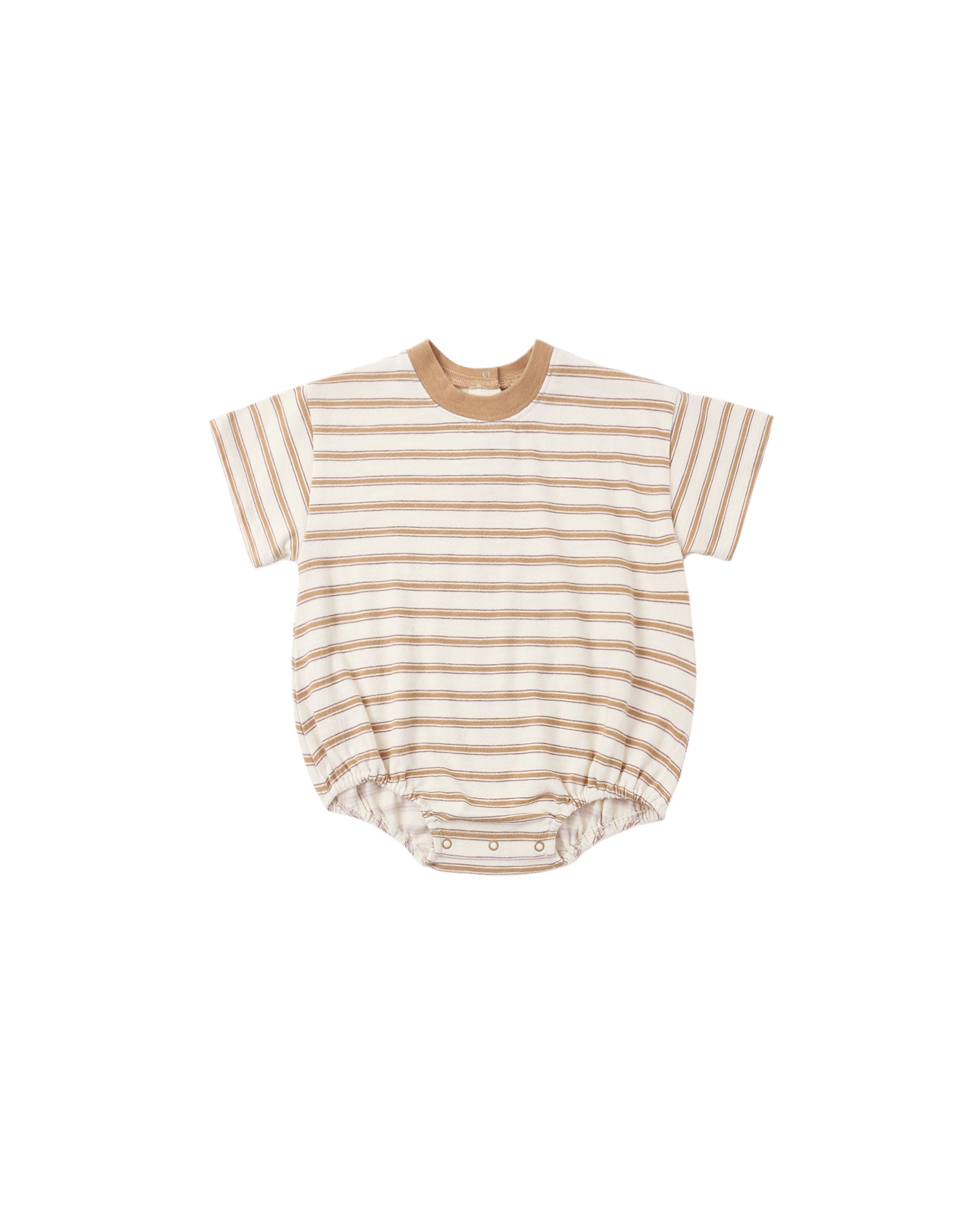 A baby short-sleeve bodysuit with horizontal beige and white stripes, featuring a solid beige crew neck and snap closures at the crotch, shown flat on a white background.