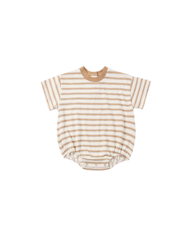 A baby short-sleeve bodysuit with horizontal beige and white stripes, featuring a solid beige crew neck and snap closures at the crotch, shown flat on a white background.