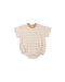 A baby short-sleeve bodysuit with horizontal beige and white stripes, featuring a solid beige crew neck and snap closures at the crotch, shown flat on a white background.