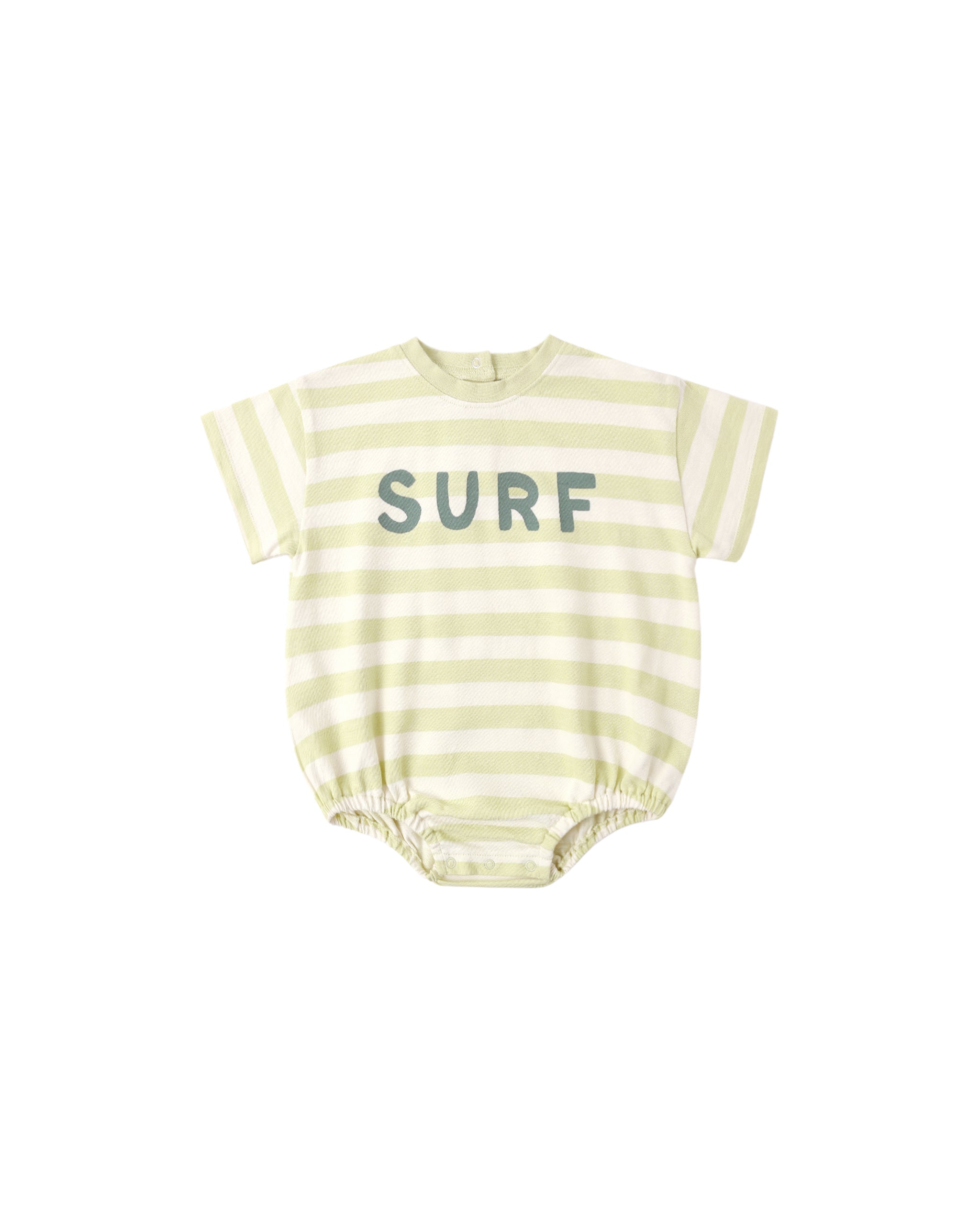 Yellow and white striped baby romper with 'SURF' text on a white background