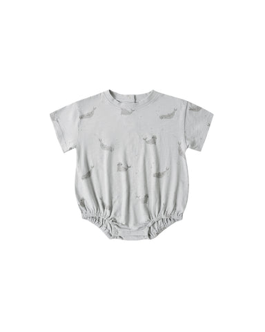 Gray baby romper with small patterns on a white background