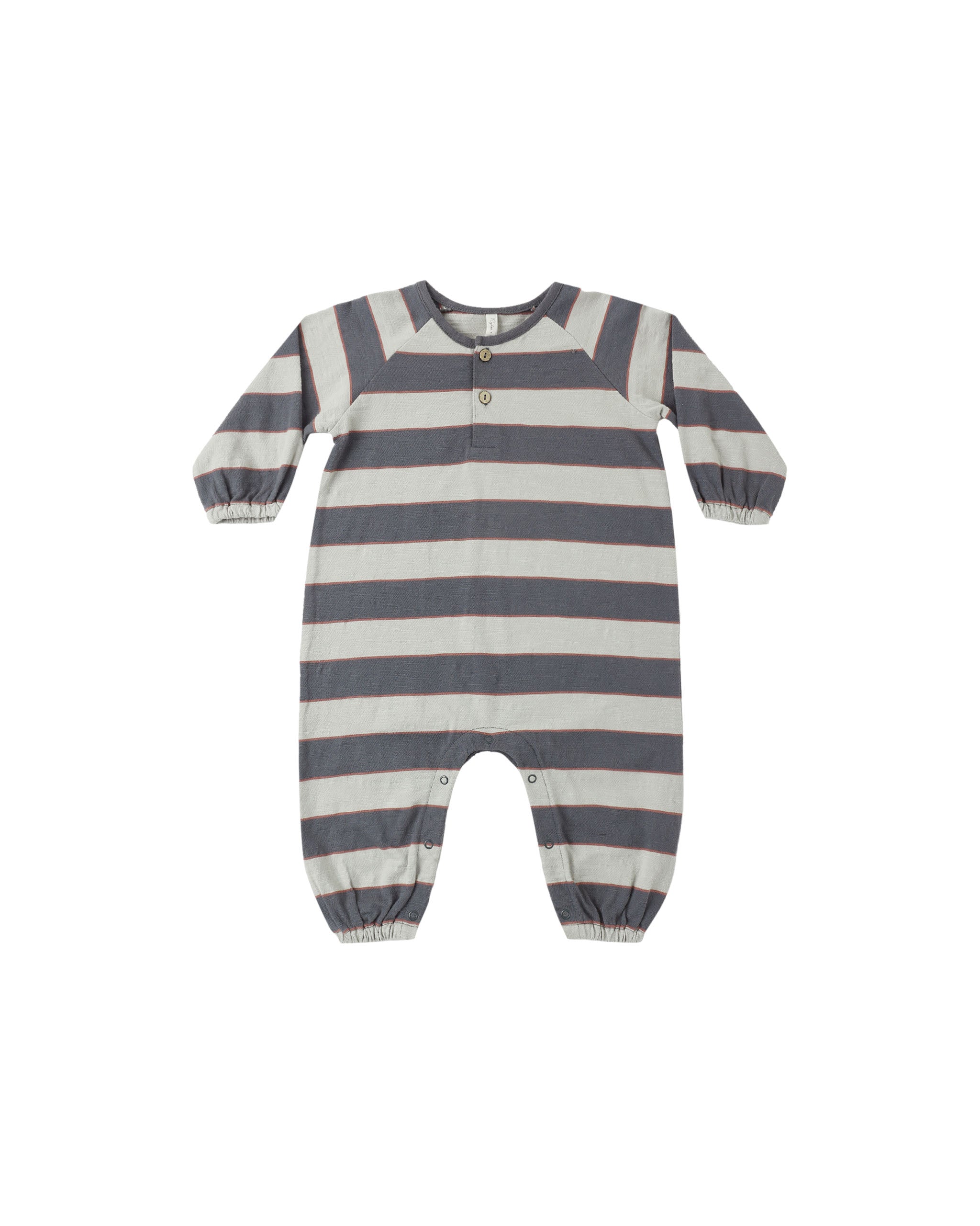 A baby long-sleeve footless one-piece jumpsuit with horizontal gray and off-white stripes, featuring a snap-button henley neckline and elasticized cuffs and leg openings, shown on a plain white background.