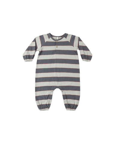 A baby long-sleeve footless one-piece jumpsuit with horizontal gray and off-white stripes, featuring a snap-button henley neckline and elasticized cuffs and leg openings, shown on a plain white background.