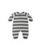 A baby long-sleeve footless one-piece jumpsuit with horizontal gray and off-white stripes, featuring a snap-button henley neckline and elasticized cuffs and leg openings, shown on a plain white background.