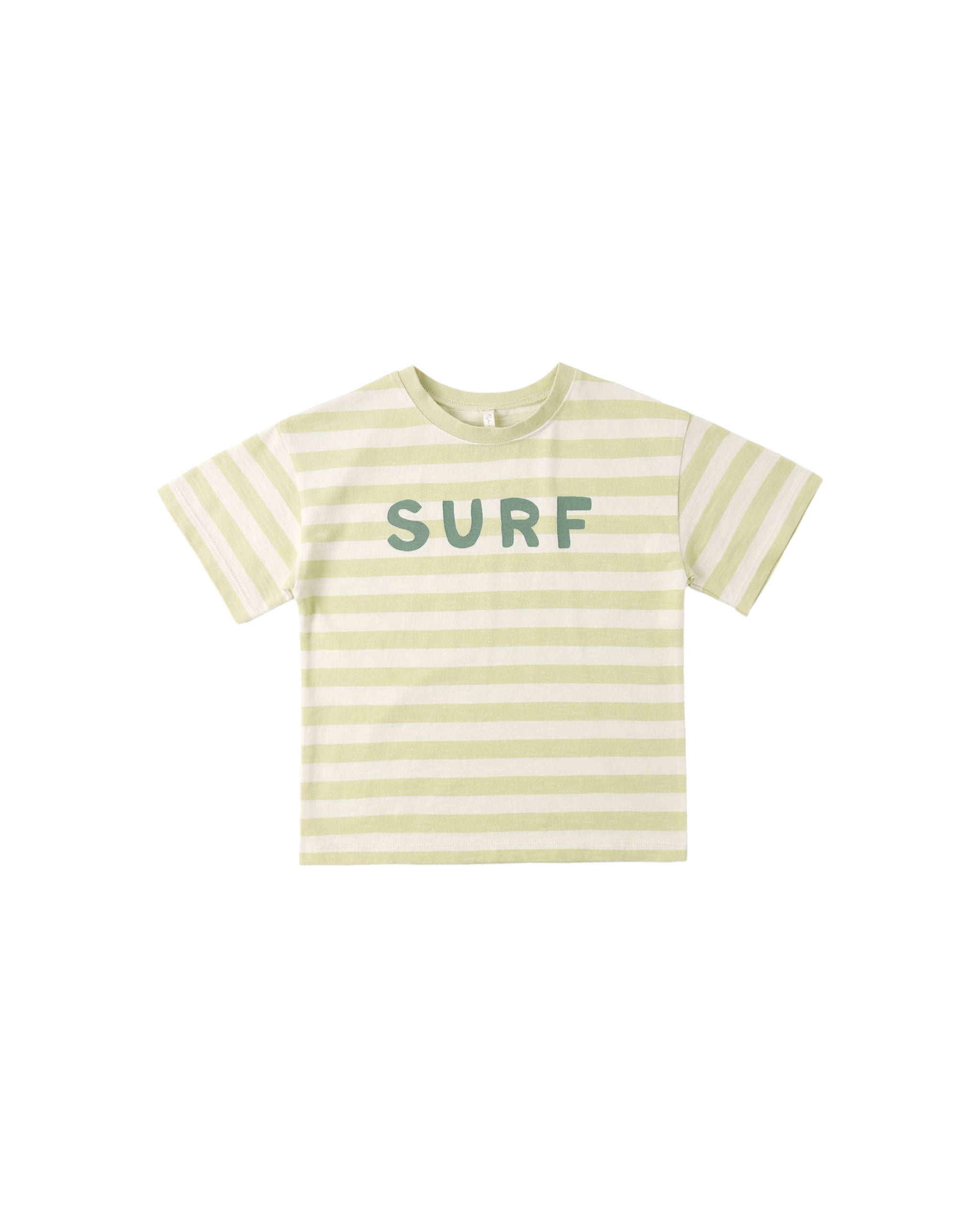 Yellow Striped t-shirt with 'SURF' text on a white background