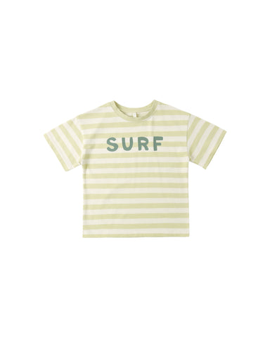 Yellow Striped t-shirt with 'SURF' text on a white background