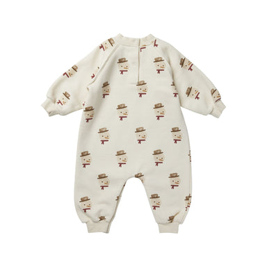 ivory jumpsuit with all over snowman print with 3 snap closure in the back