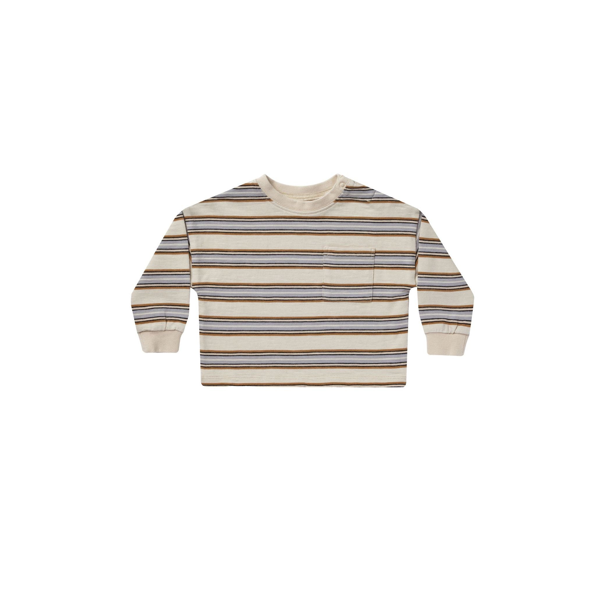 long sleeve pocket tee in ‘vintage stripe’ all-over print in brass, french blue, black, and antique on natural.