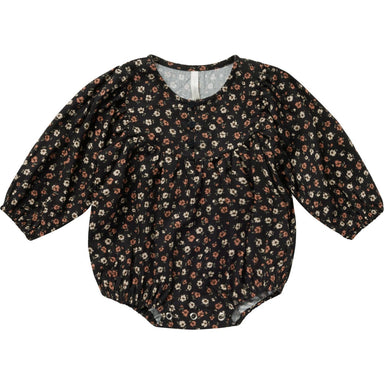 black floral long sleeve bubble with a button front and snaps at the crotch for easy changing