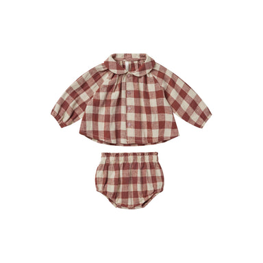 red and white checkered peter pan collar long sleeve flowy button down top with matching bloomers