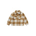 chore coat in gold and white checkered pattern and buttons