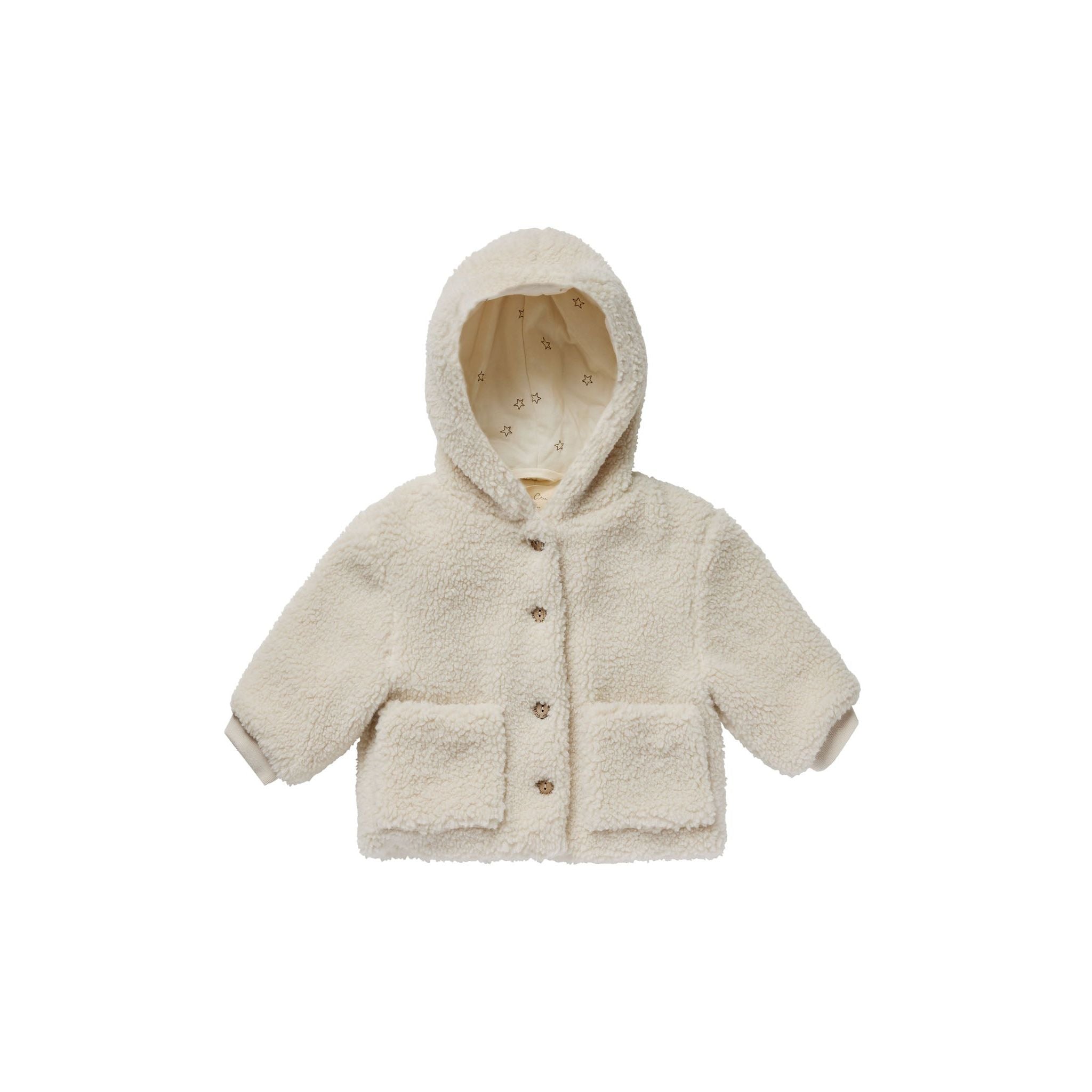 hooded cream colored fleece baby button up coat with pockets 