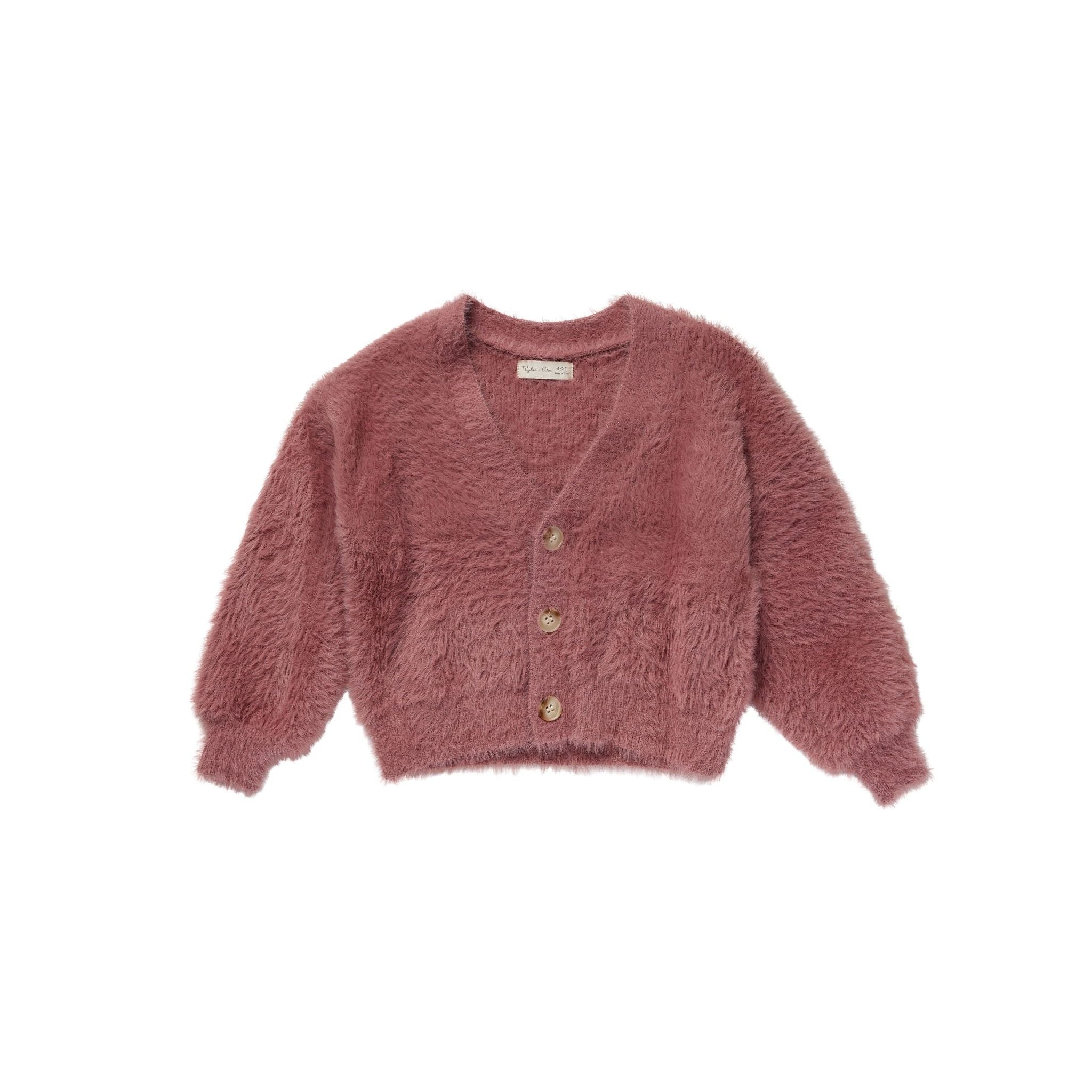 raspberry colored boxy cropped cardigan with buttons and bubble sleeves