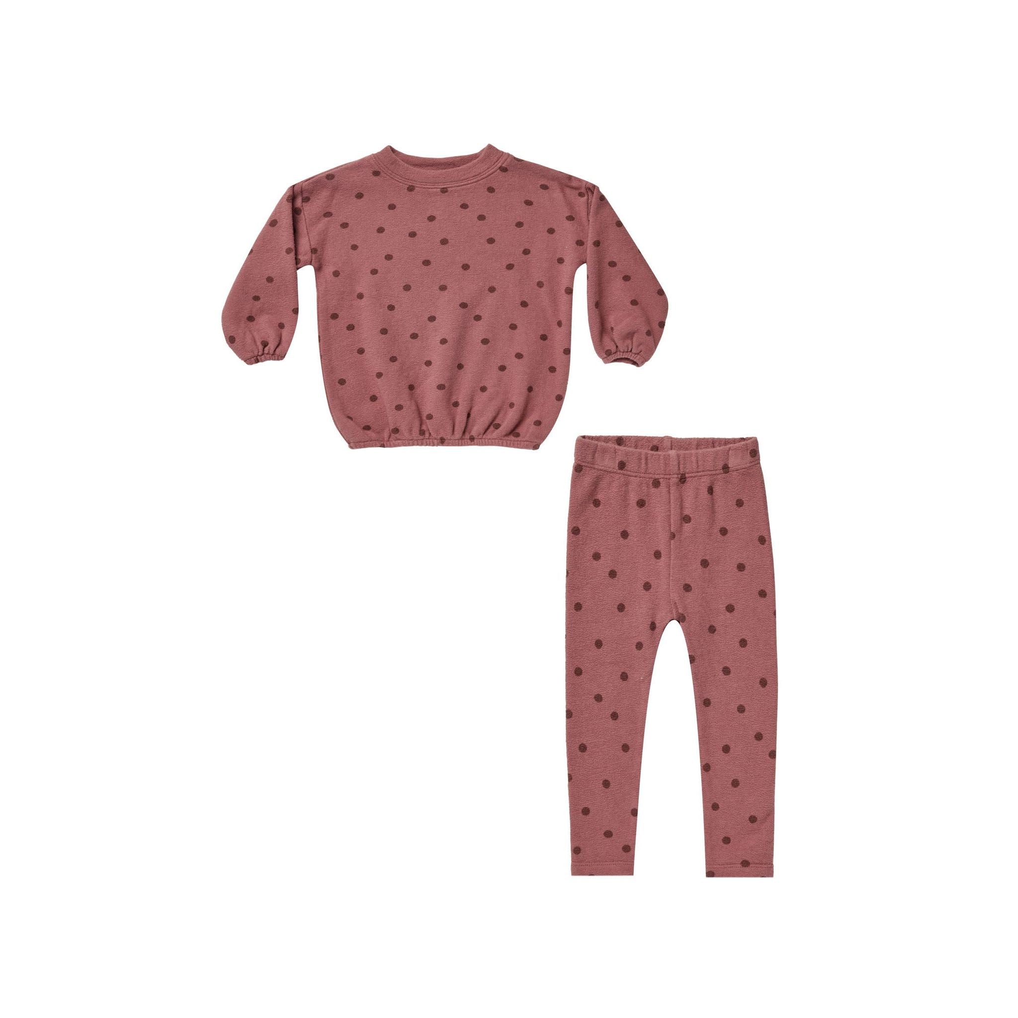 spongey knit sweatshirt and leggings in raspberry color with polka dot print
