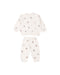 A two-piece baby set featuring a long-sleeve top and matching pants in an off-white/cream color, both printed with a small, scattered pattern of teddy bears in soft brown and gray tones.