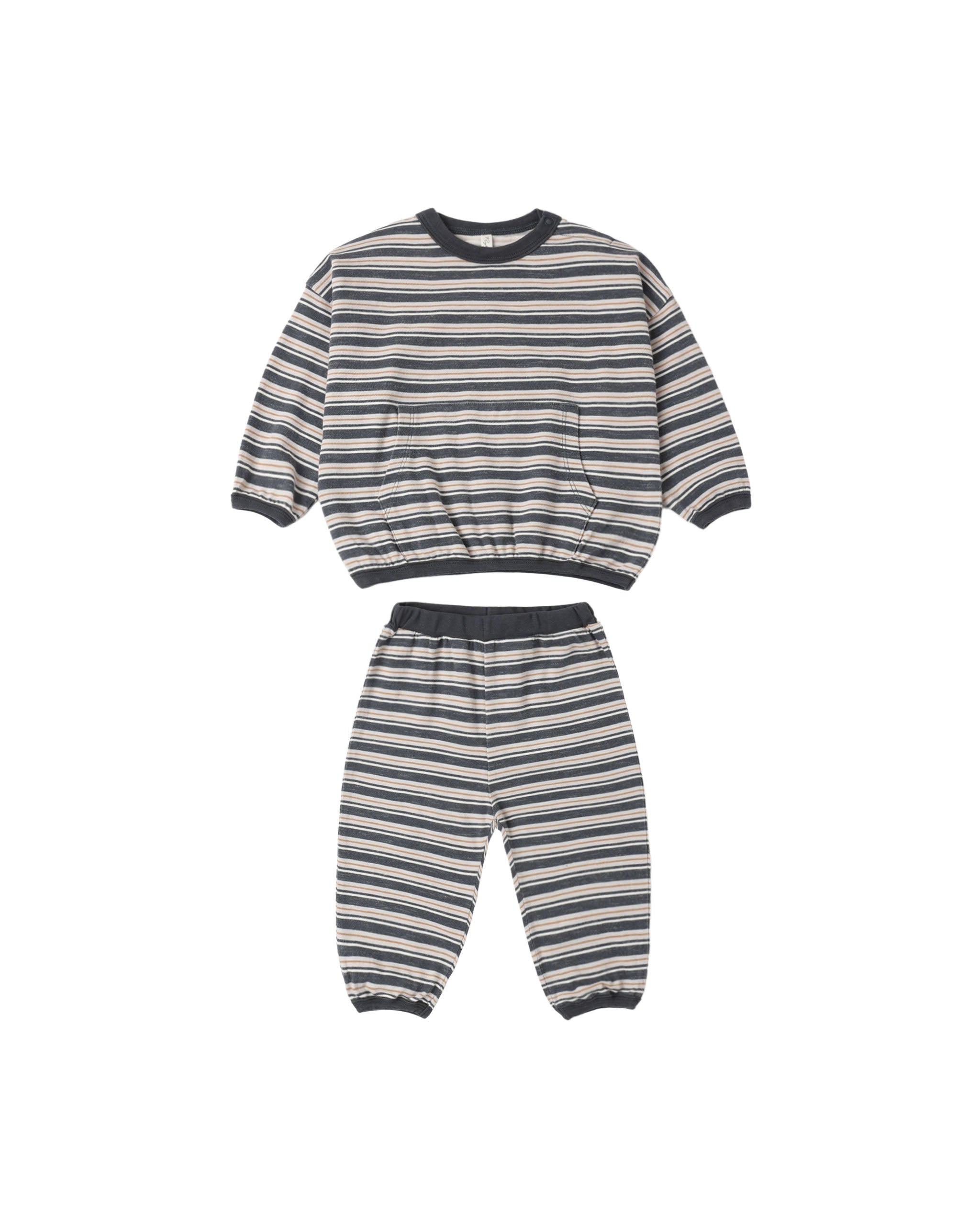A two-piece children's loungewear set featuring a long-sleeve top and matching pants with horizontal gray and navy stripes on a white background.