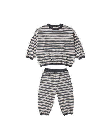 A two-piece children's loungewear set featuring a long-sleeve top and matching pants with horizontal gray and navy stripes on a white background.
