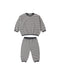 A two-piece children's loungewear set featuring a long-sleeve top and matching pants with horizontal gray and navy stripes on a white background.