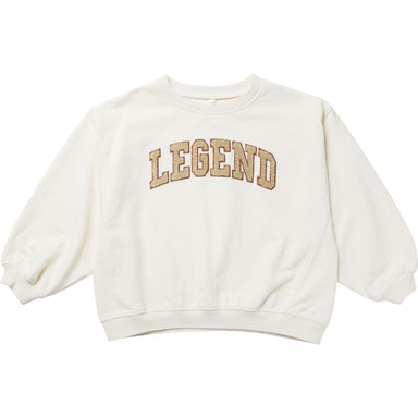 relaxed white sweatshirt with gold and orange chenille embroidered with the word "legend" in the center