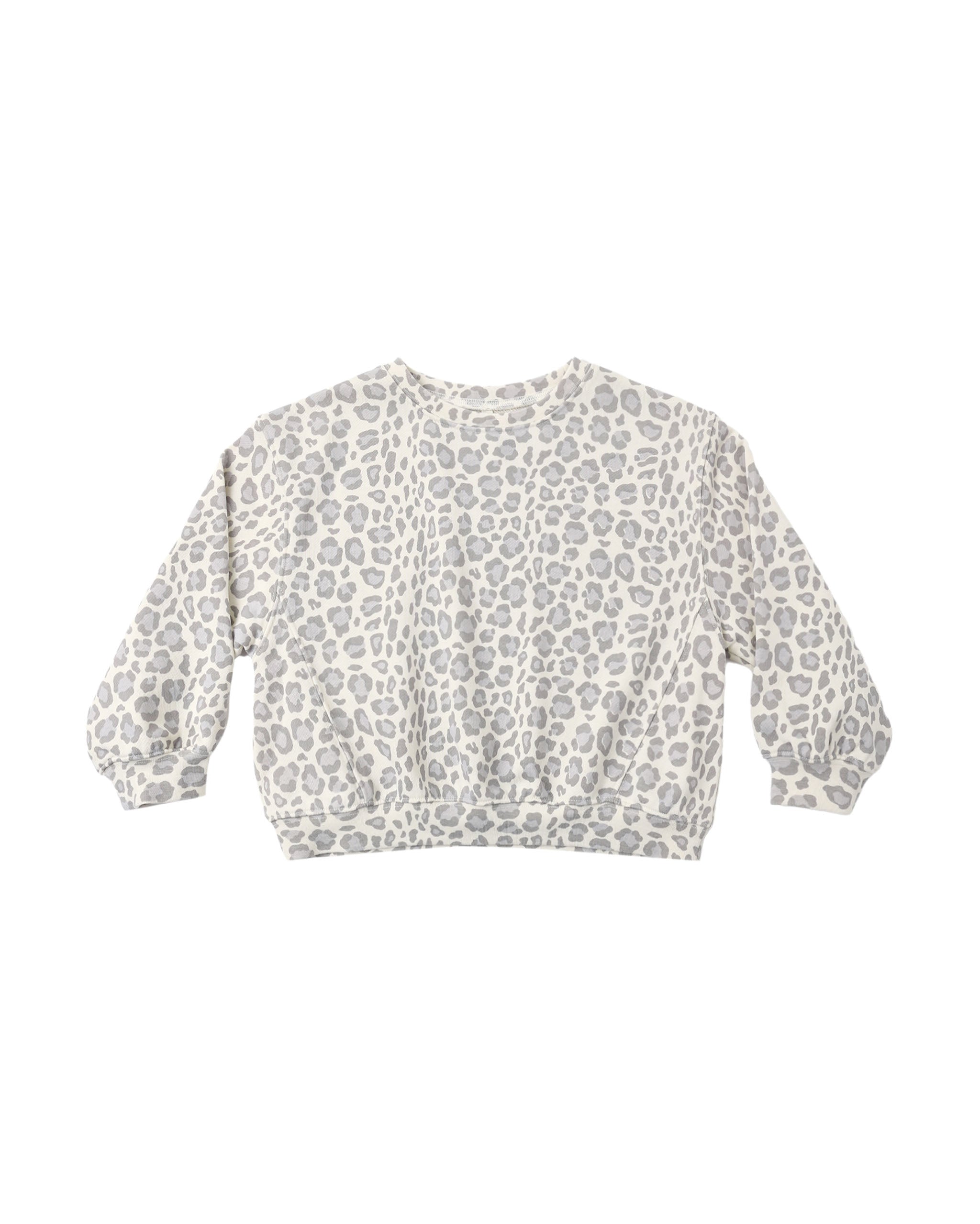 An oversided sweatshirt in a blue leopard print shown on a white background