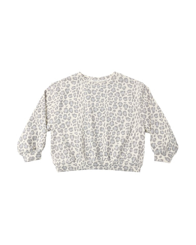 An oversided sweatshirt in a blue leopard print shown on a white background