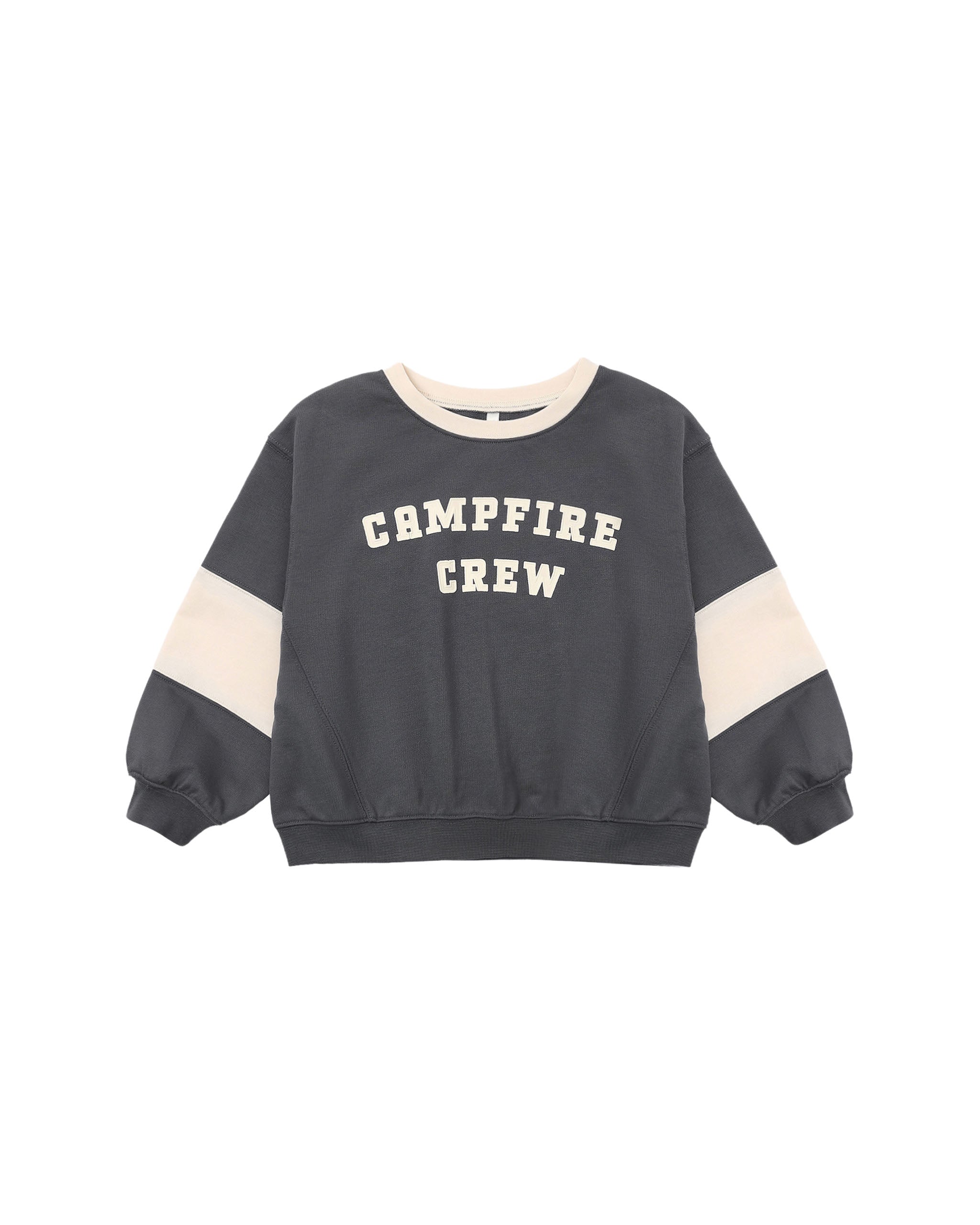 A dark gray sweatshirt with cream-colored color-blocked sleeves and collar, featuring the text 'CAMPFIRE CREW' printed in cream on the chest.