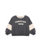 A dark gray sweatshirt with cream-colored color-blocked sleeves and collar, featuring the text 'CAMPFIRE CREW' printed in cream on the chest.