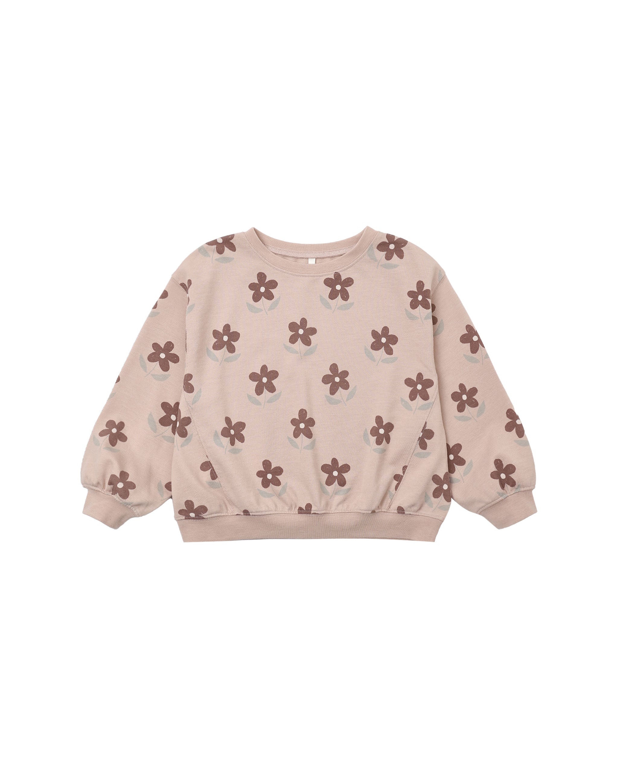A light pink long-sleeve sweatshirt with an all-over brown floral pattern, displayed flat against a solid white background.