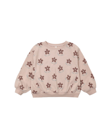 A light pink long-sleeve sweatshirt with an all-over brown floral pattern, displayed flat against a solid white background.