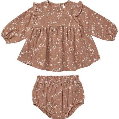 spice colored with two piece set with ruffle trim long sleeves with starlight pattern and matching bloomers