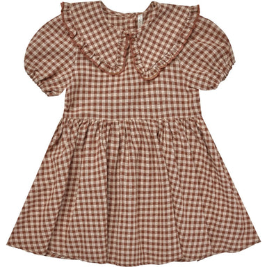 brown gingham dress with oversized collar with ruffled trim details, gathered skirt, puff sleeves and button closure at the back.