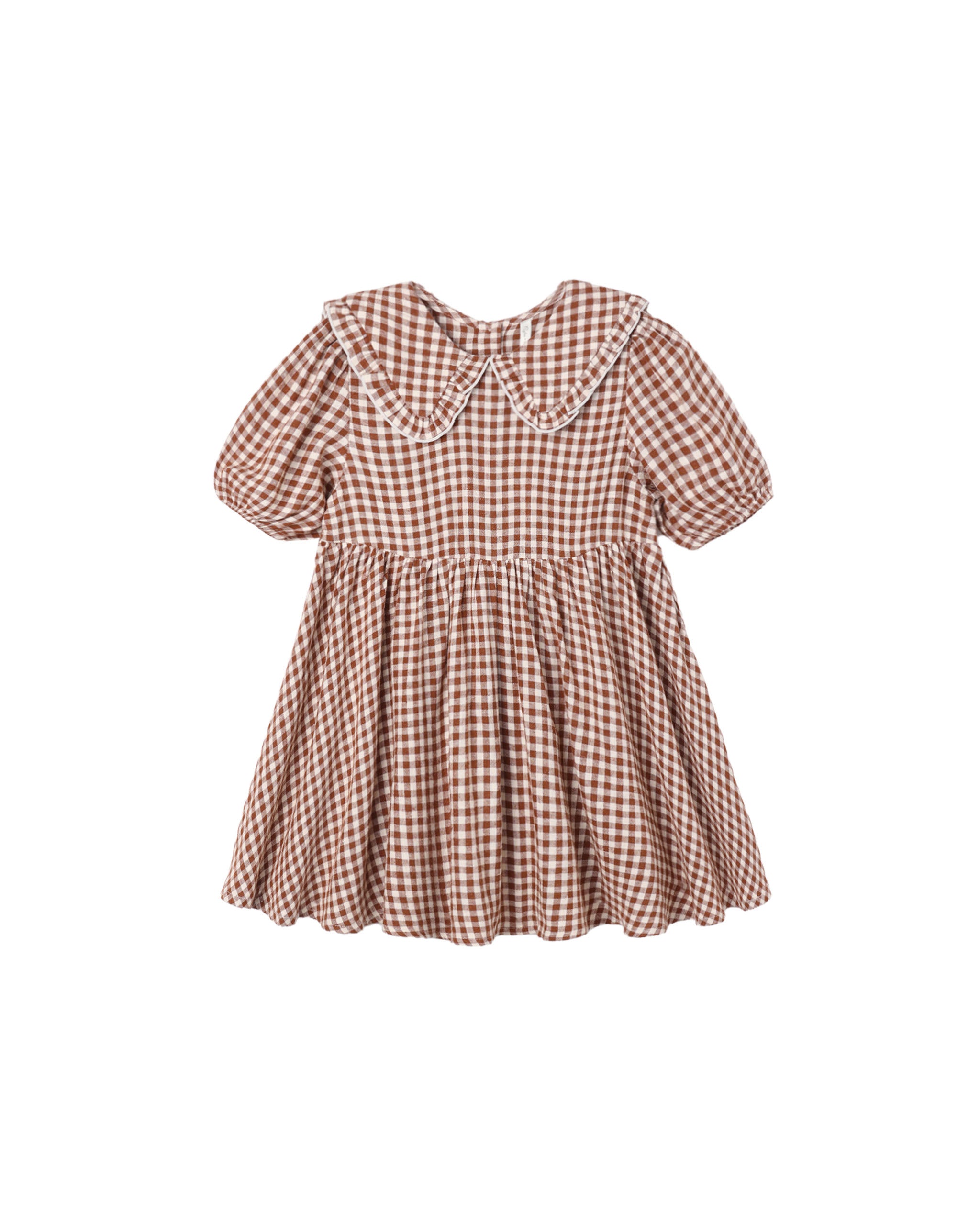A toddler girl's short-sleeve dress in a brown and white gingham check pattern, featuring a large Peter Pan collar with white lace trim, a gathered waist, and a flared skirt.