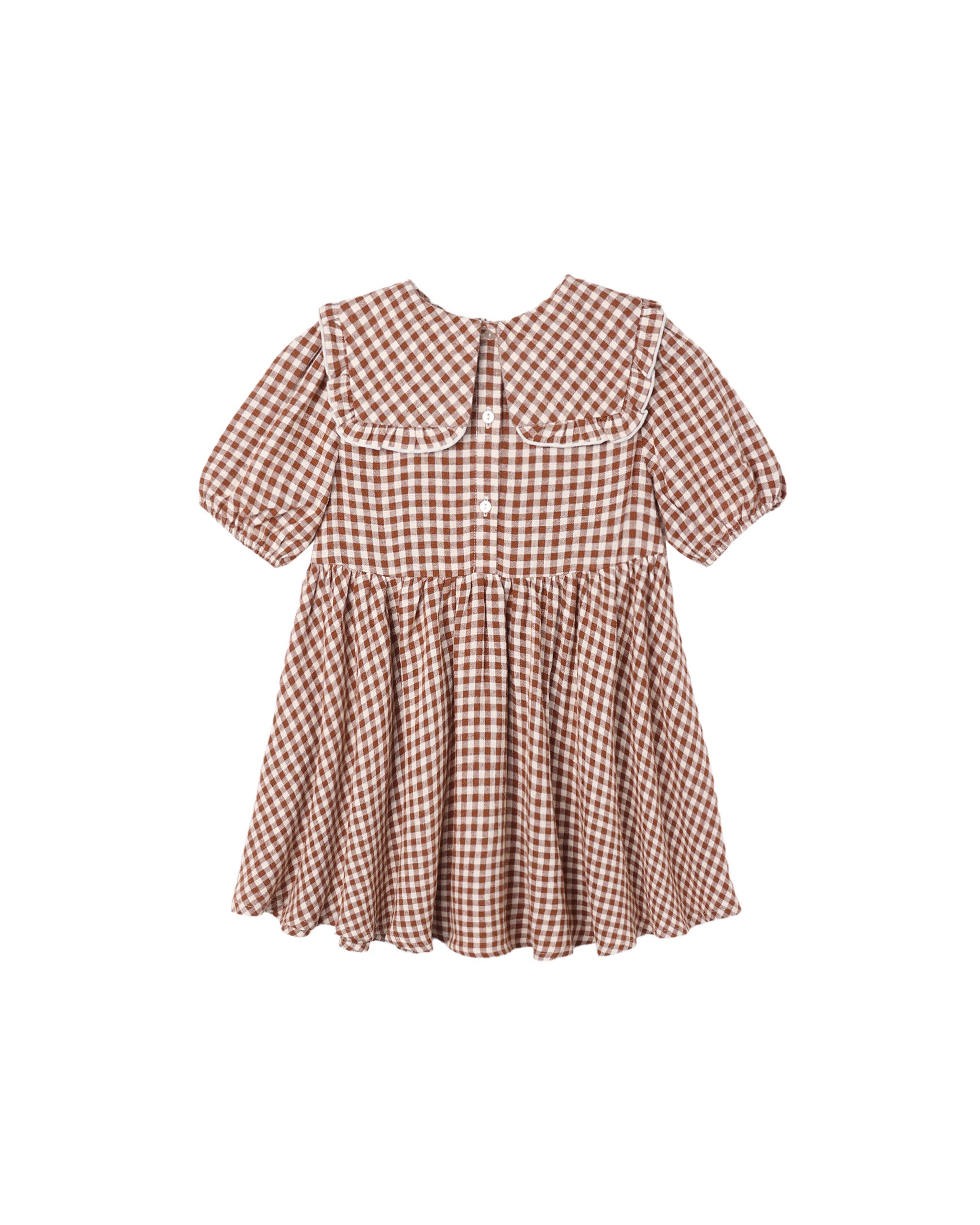 A toddler girl's short-sleeve dress in a brown and white gingham check pattern, featuring a large Peter Pan collar with white lace trim, a gathered waist, and a flared skirt.