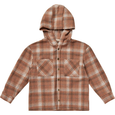brown plaid button down shirt with hood and two pockets at the chest