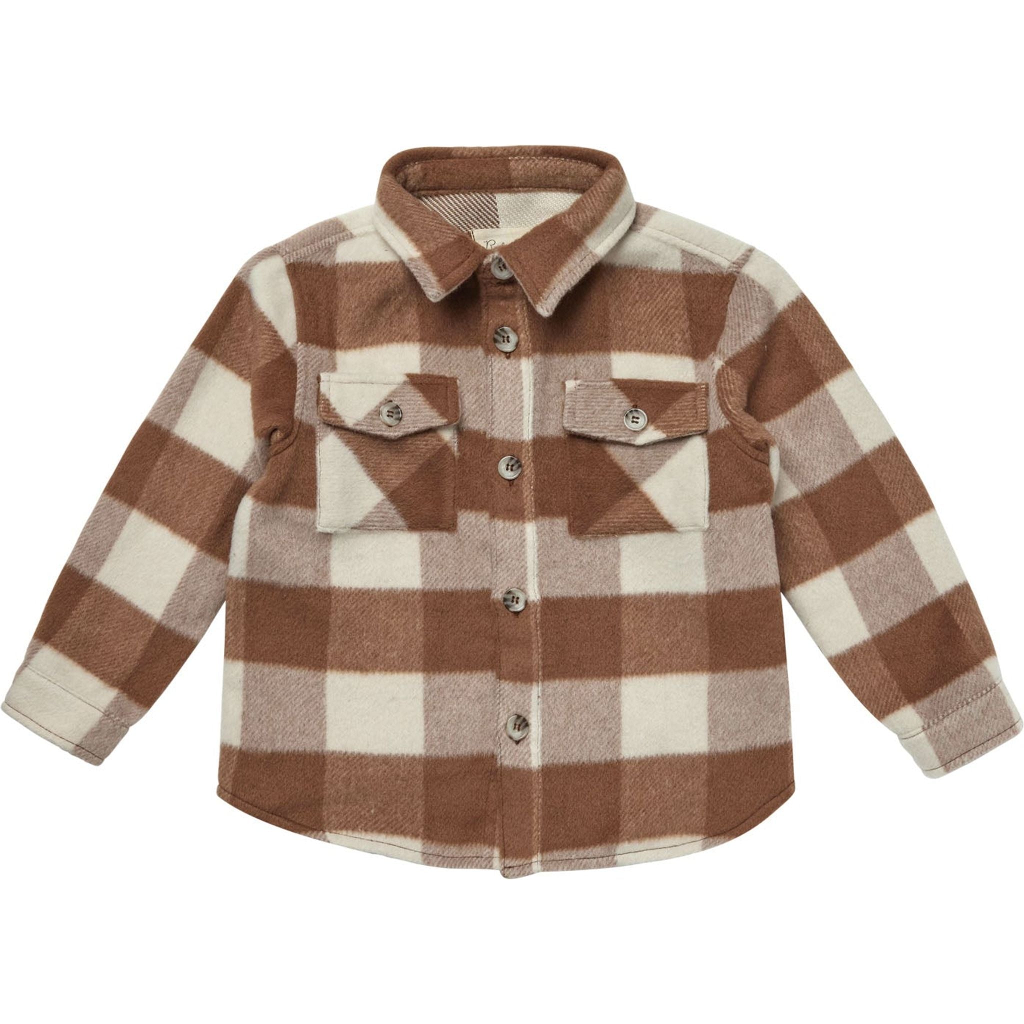 brown and cream colored check plaid shacket with buttons and two pockets at the chest