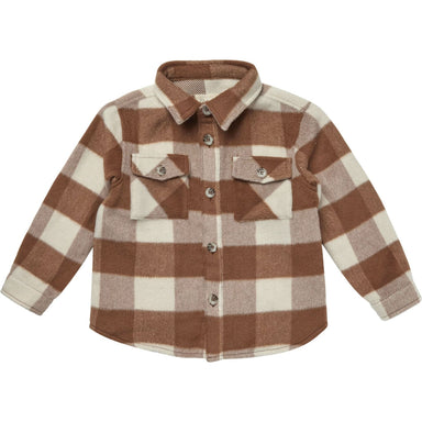brown and cream colored check plaid shacket with buttons and two pockets at the chest