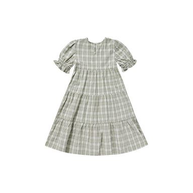 back of gray and white plaid tiered maxi dress with bubble sleeve with ruffle detail