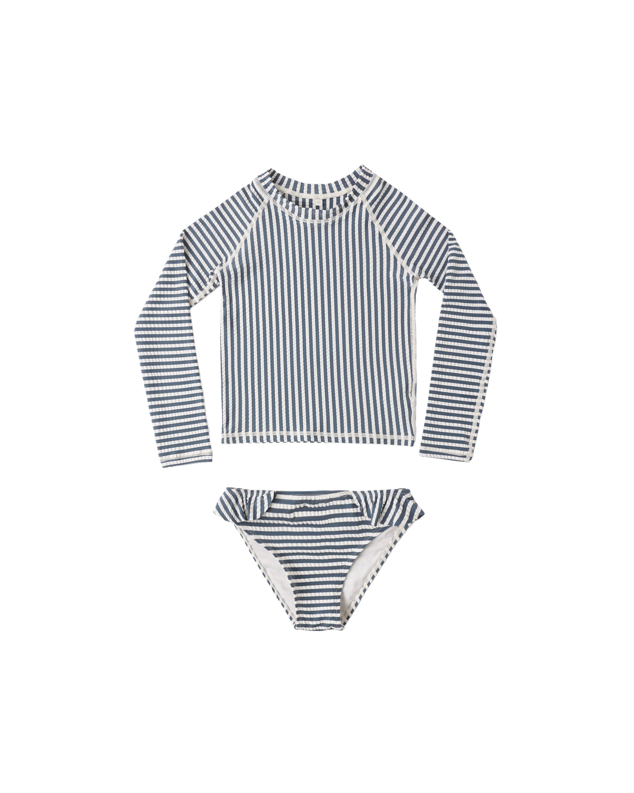 Striped long-sleeve rash guard and bikini bottom set on a white background