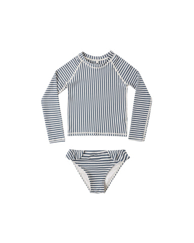 Striped long-sleeve rash guard and bikini bottom set on a white background