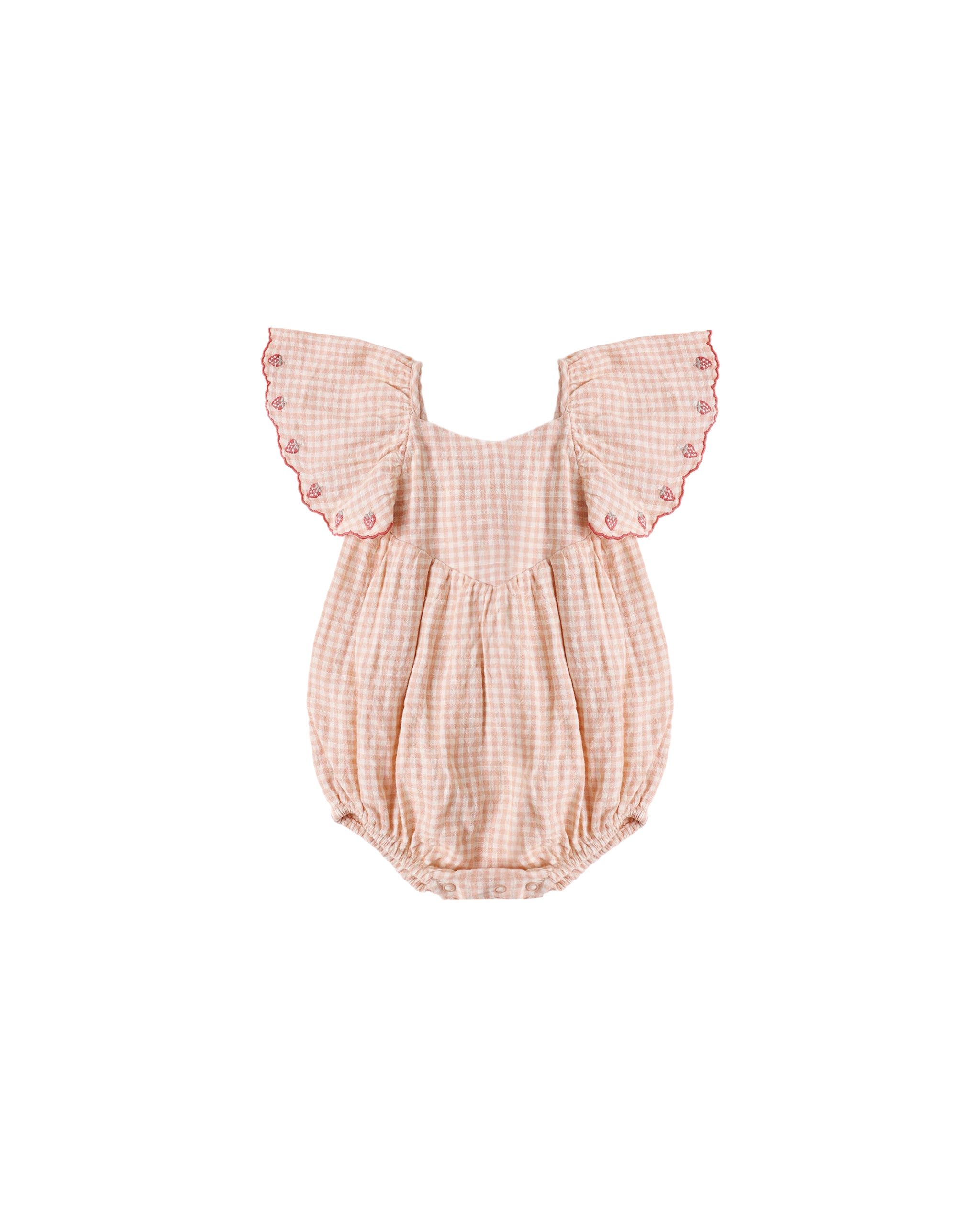 Pink checkered baby romper with ruffled sleeves on a white background