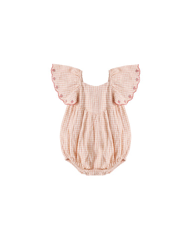 Pink checkered baby romper with ruffled sleeves on a white background