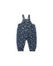 A pair of baby denim overalls in a dark blue wash, featuring an all-over small white floral pattern and elasticated ankle cuffs, shown flat on a white background.