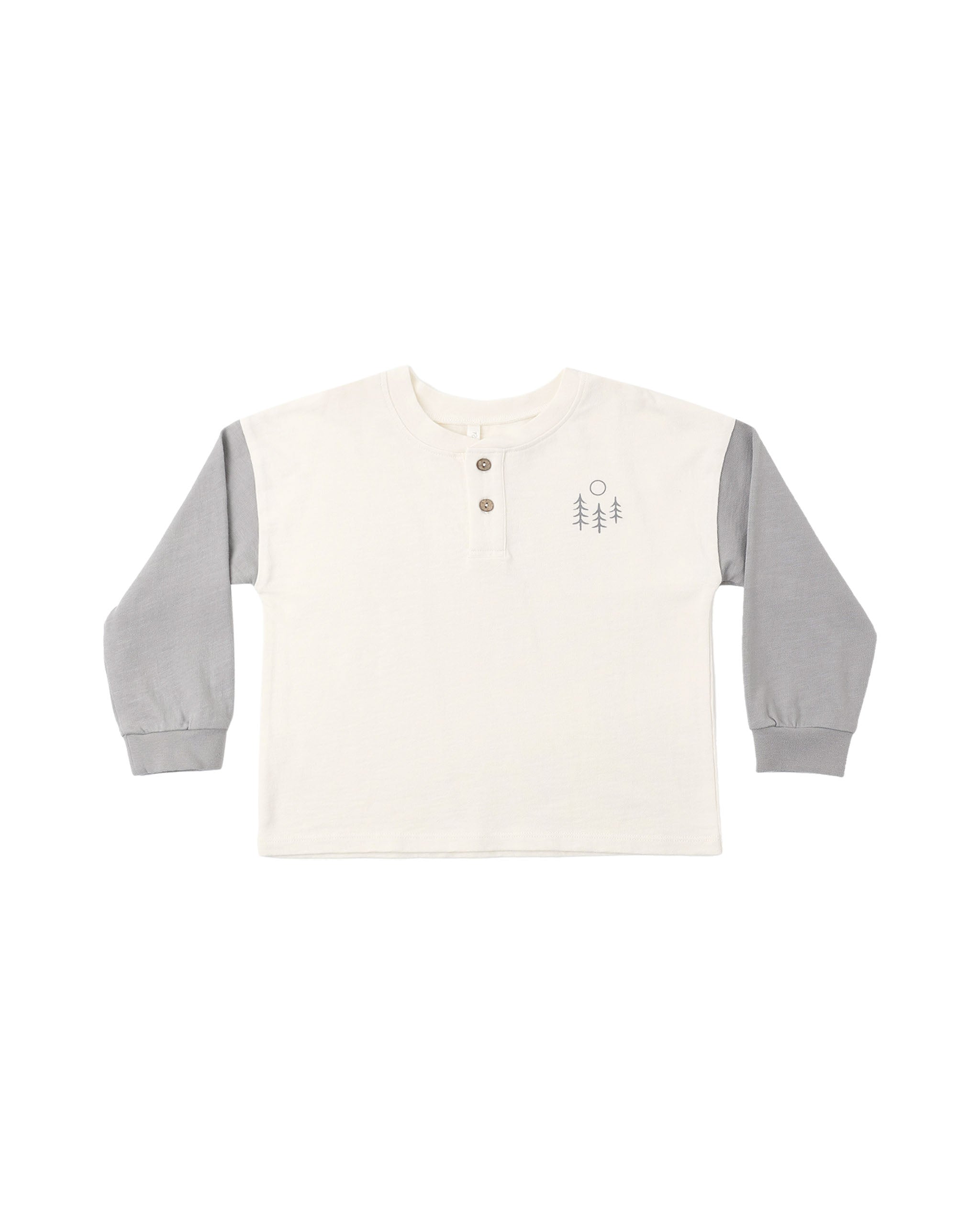 An ivory henley tee with grey long sleeves on a white background