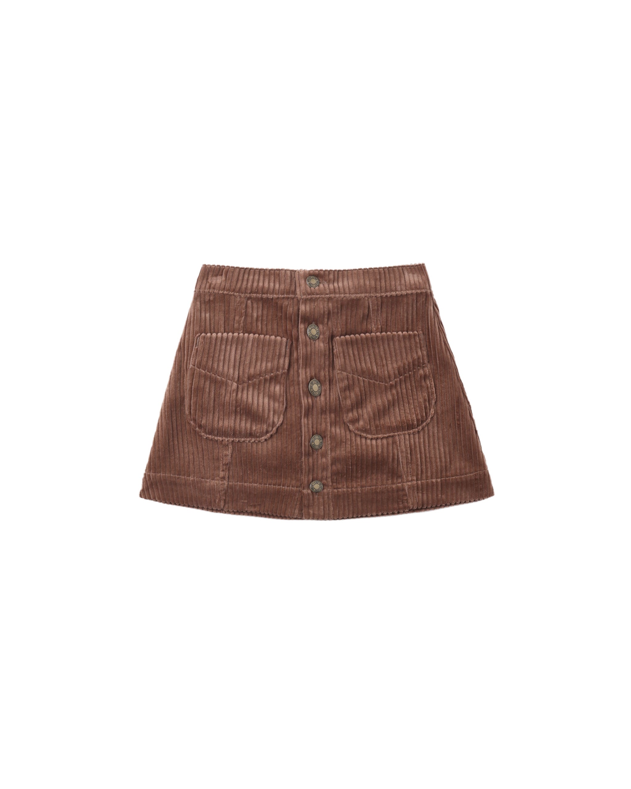 A brown corduroy mini skirt with a button-up front and two front patch pockets, shown flat on a white background.