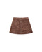 A brown corduroy mini skirt with a button-up front and two front patch pockets, shown flat on a white background.