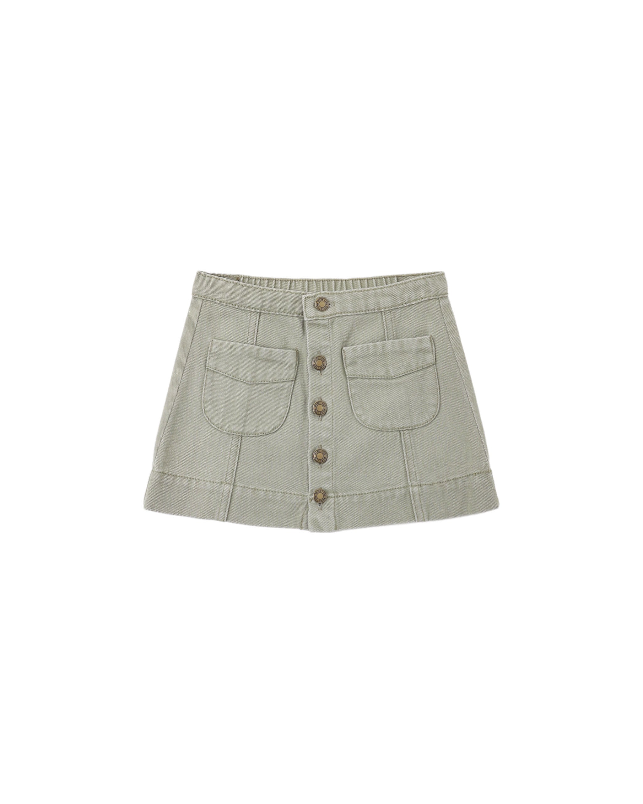 A light sage green denim mini skirt with a button-up front and two front patch pockets, shown flat on a white background.