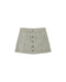 A light sage green denim mini skirt with a button-up front and two front patch pockets, shown flat on a white background.