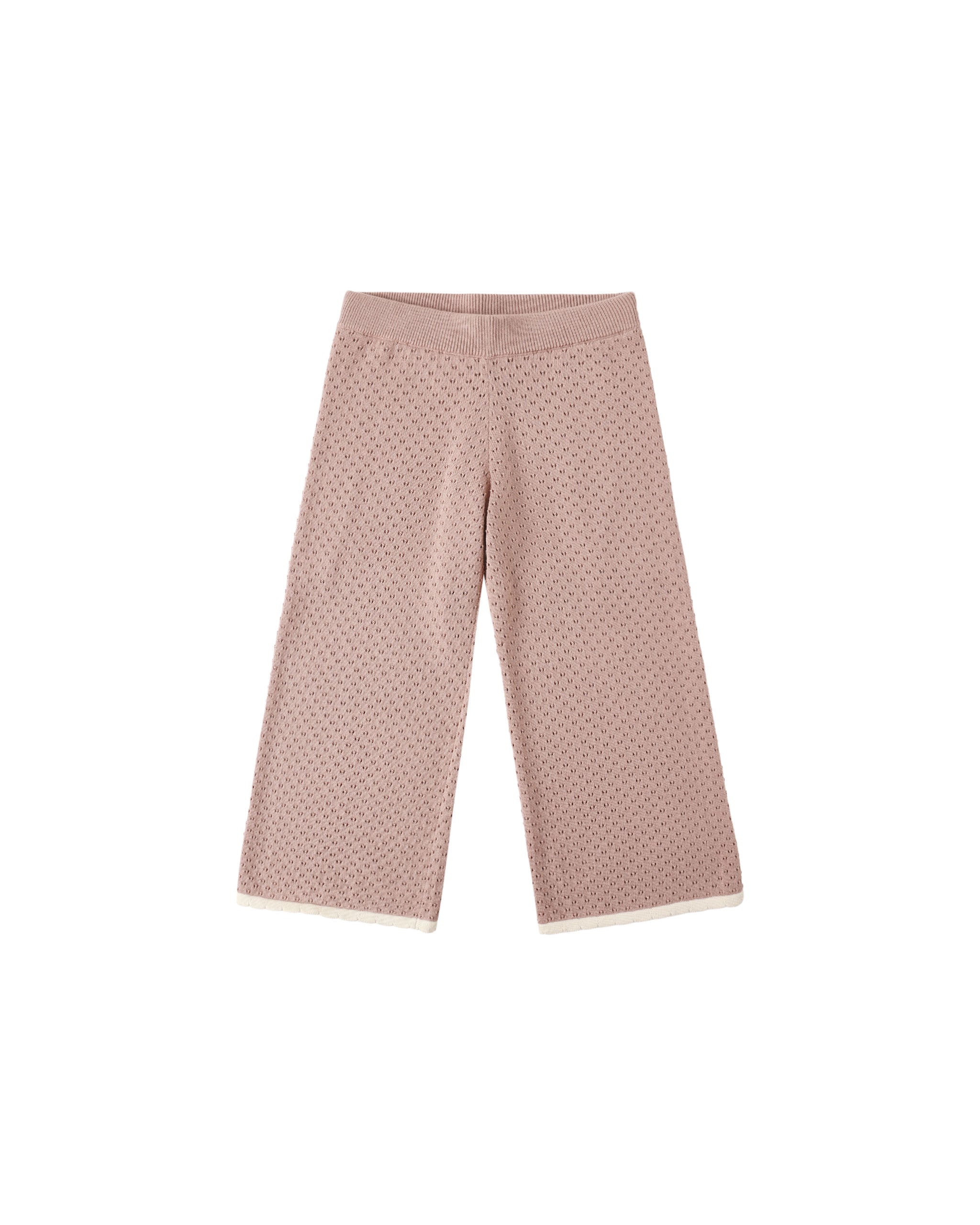 A pair of wide-leg cropped pants in a dusty rose pink color, featuring a small repeating geometric pattern and contrasting cream-colored trim at the hems, shown against a plain white background.