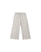 A pair of wide-leg sweatpants featuring a blue leopard print pattern on a light beige background, displayed flat against a solid white background.