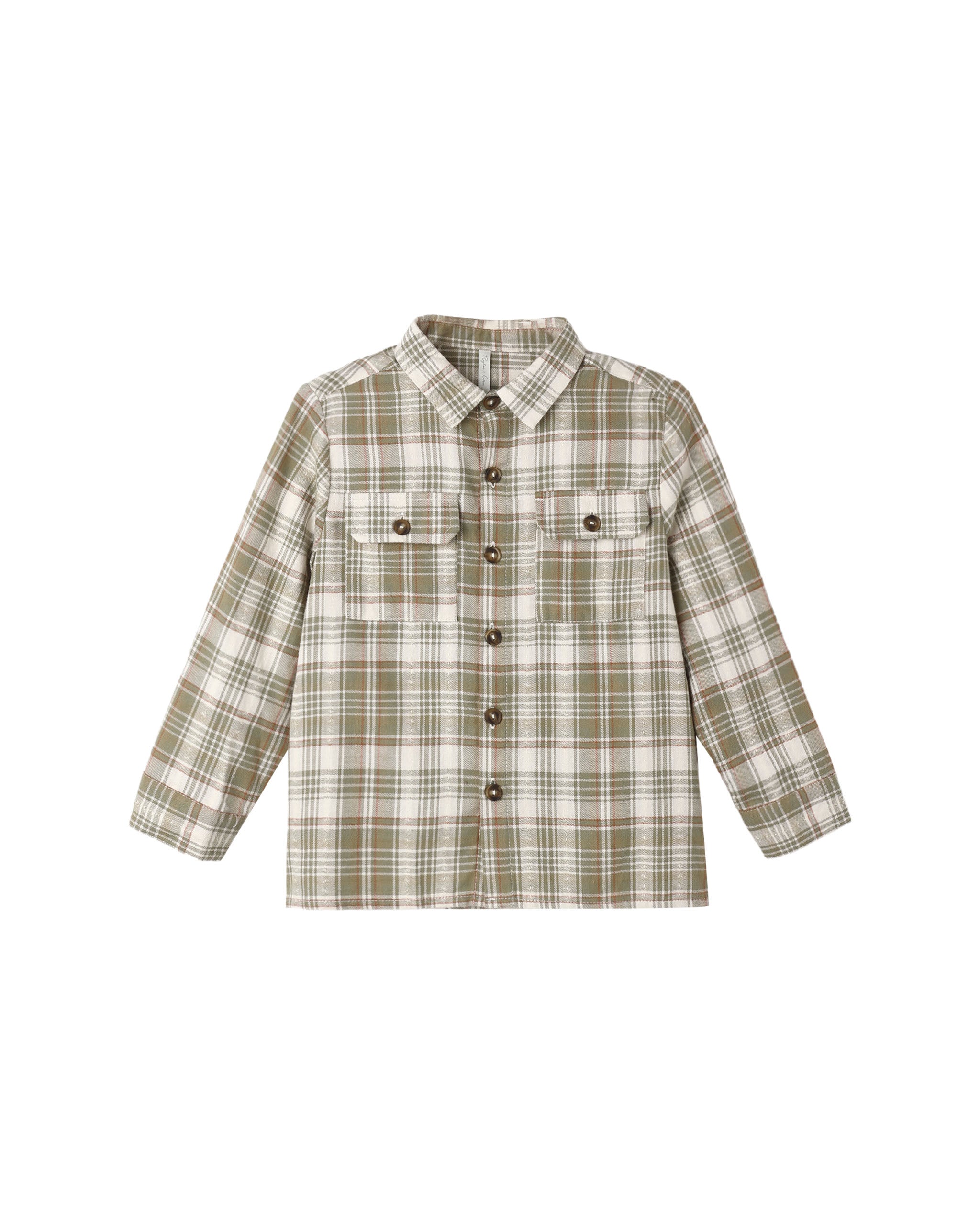 A long-sleeve plaid button-up shirt in beige and olive green, featuring two chest pockets with button closures, shown against a plain white background.